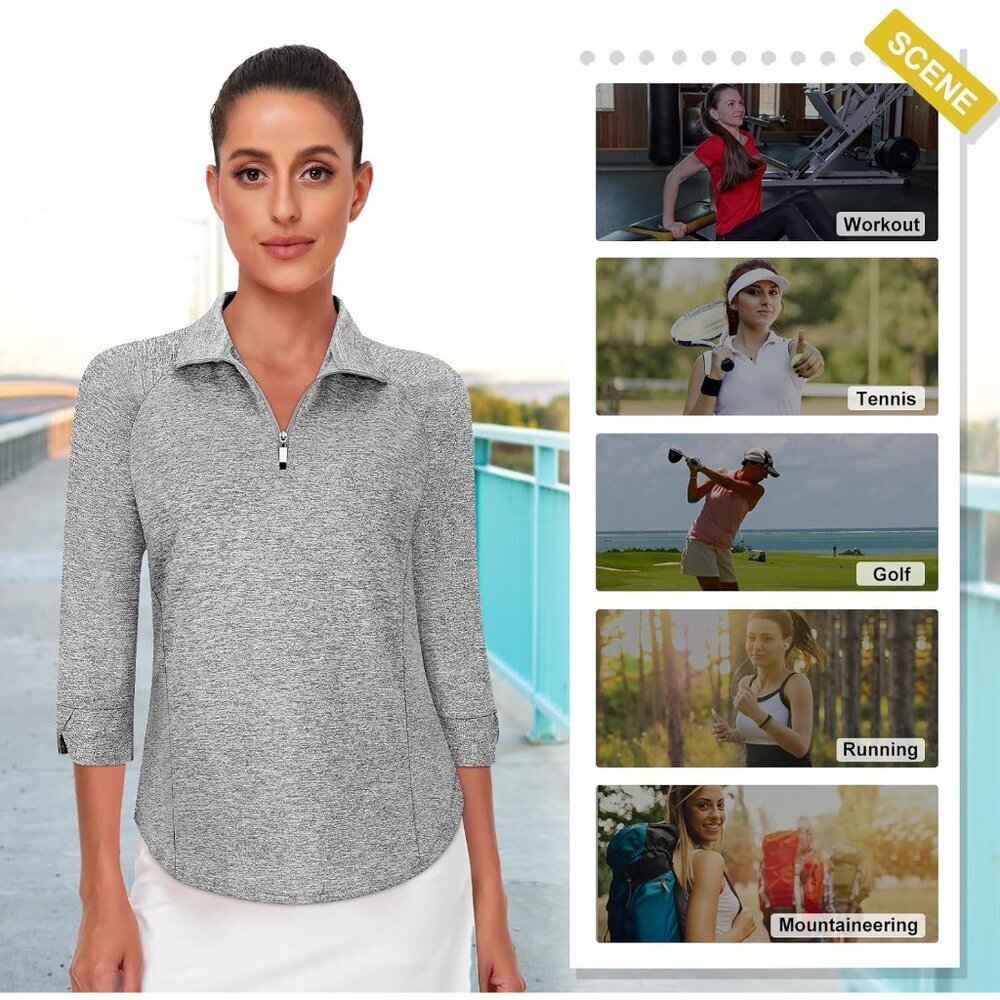 Womens Golf Shirt Polyester UV Protection 3/4 Sleeve Workout Tennis Tops - Picture 4 of 5